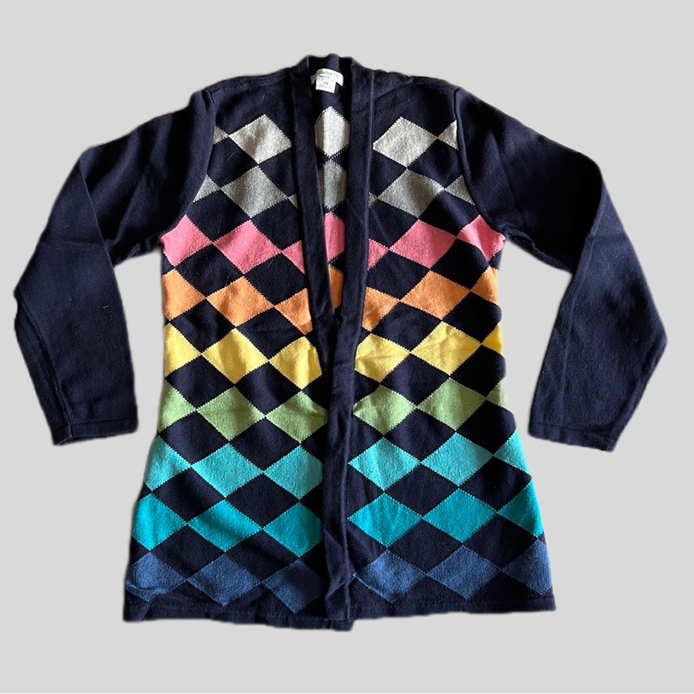 Liz Claiborne Rainbow Diamond Cardigan Sweater Women’s Petite Medium Navy Blue